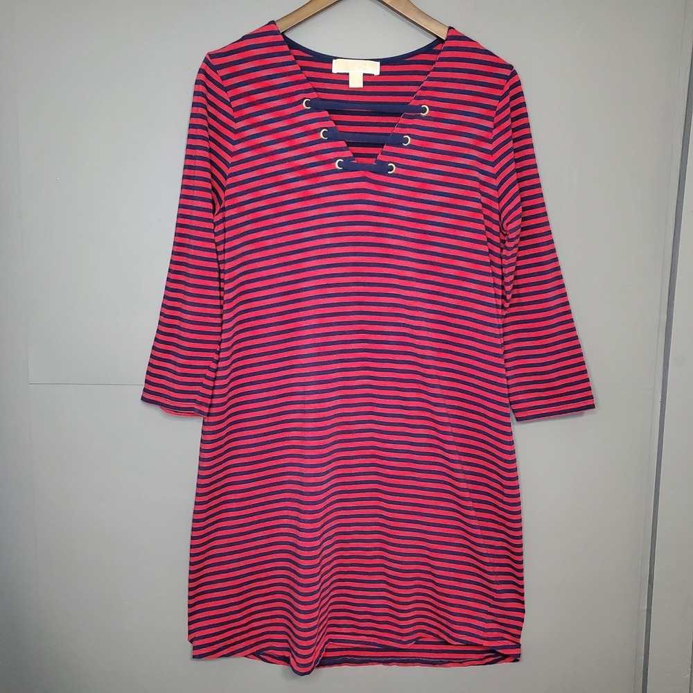 Michael Kors Red Navy Striped Lace Up V-Neck 3/4 Sleeve Shift Dress Medium